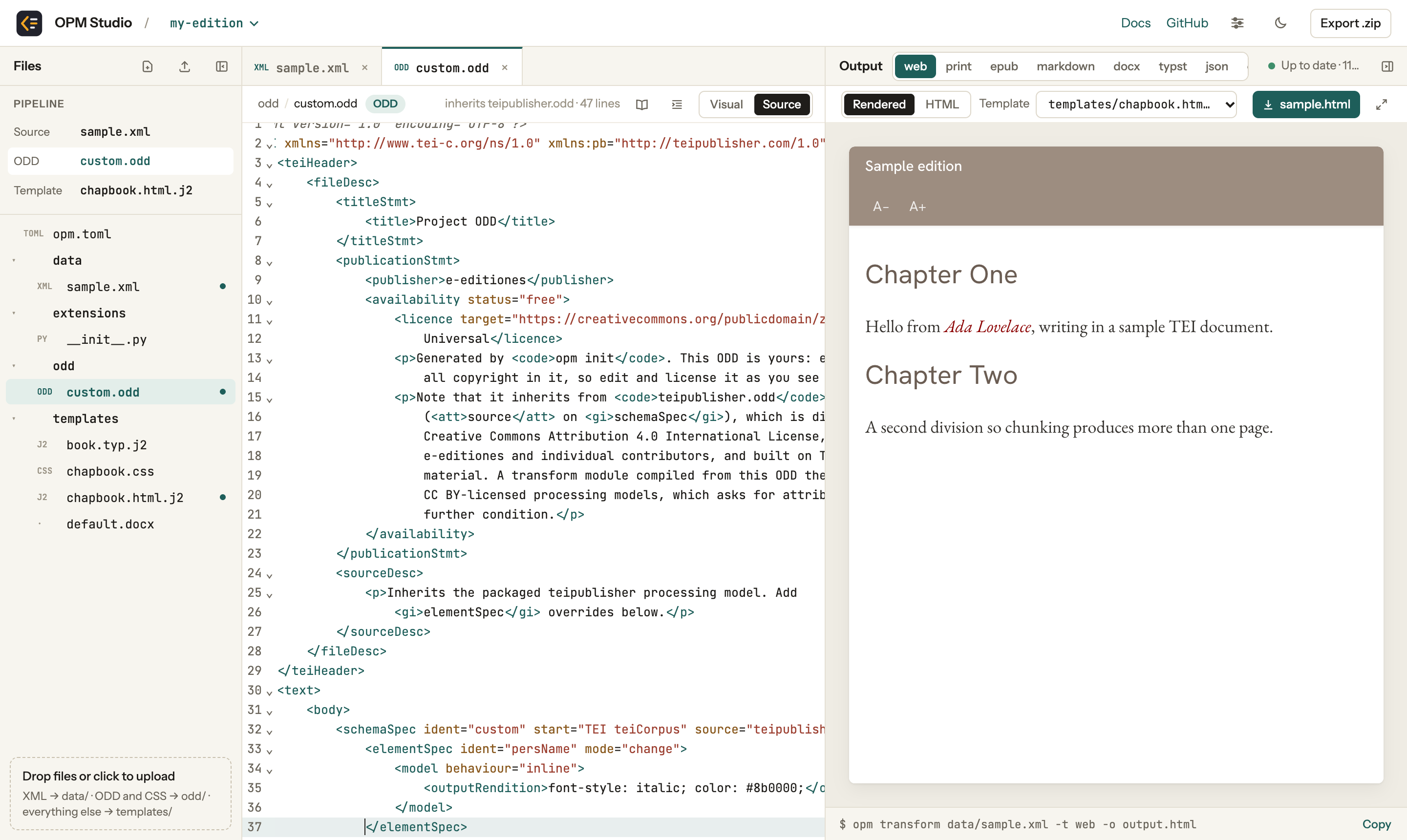 The new elementSpec in the source view of the ODD, and the italic red name in the output