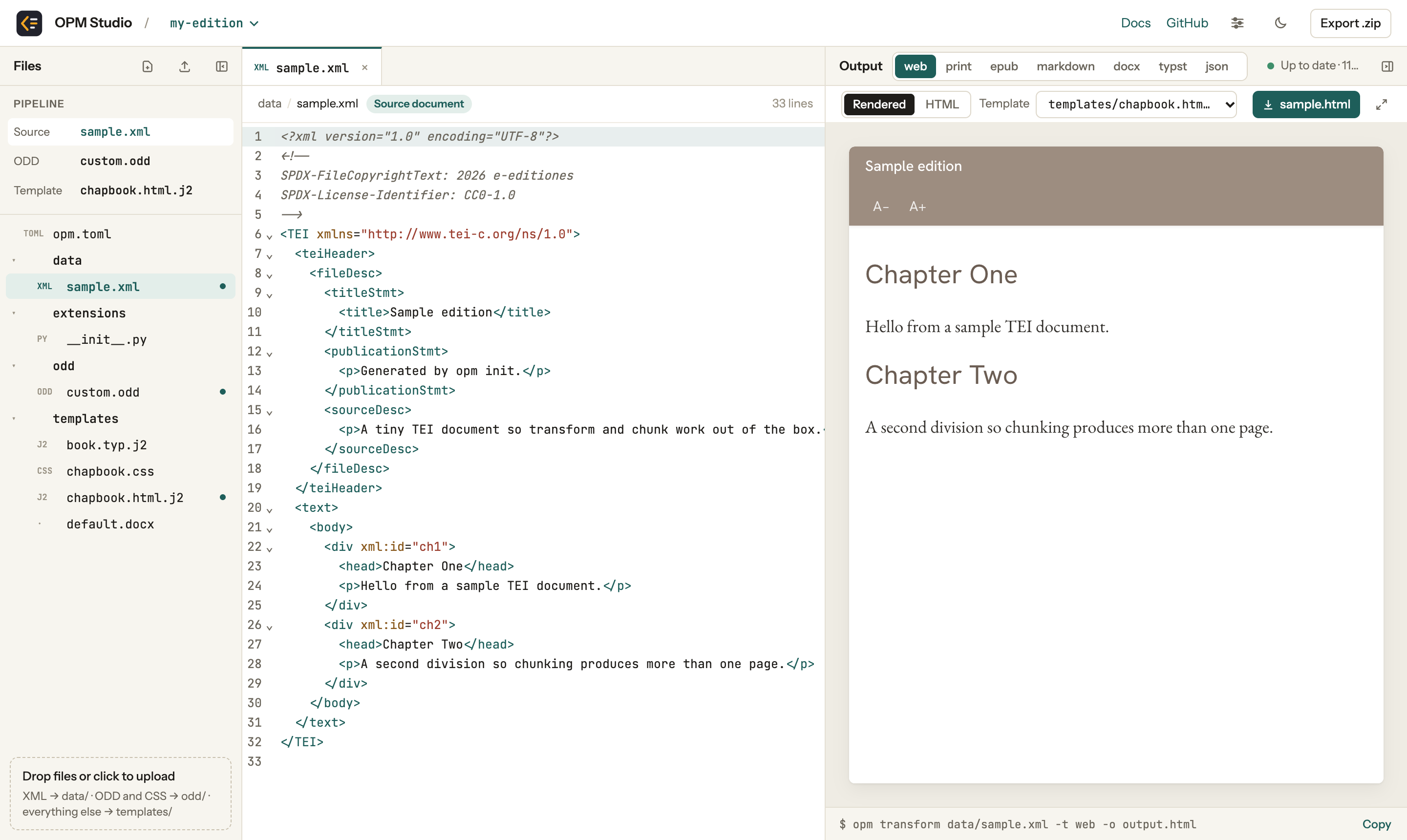 The sample document in the editor, with its output on the right