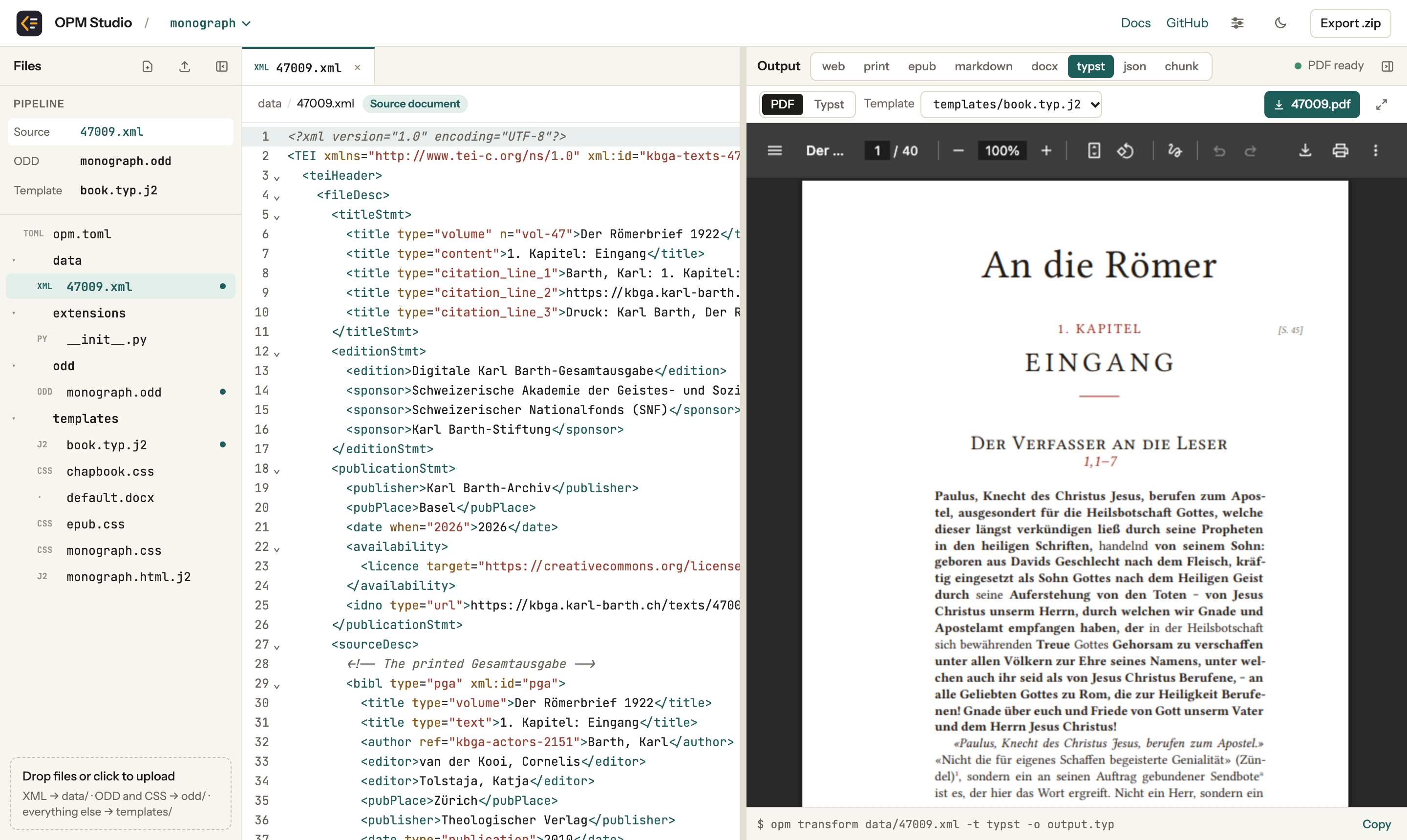 OPM Studio editor with XML source and PDF preview